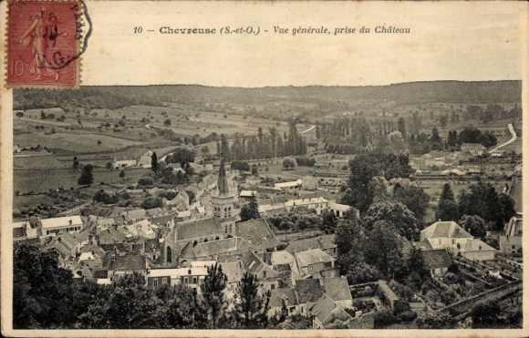 Ak Chevreuse Yvelines, Blick auf  Siedlung, Kirche, Fluss, Hügel
