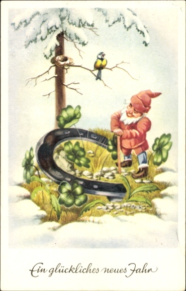 Postcard Happy New Year, clover, dwarf, horseshoe