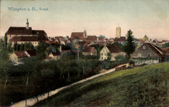 Postcard Wimpfen, view over the town, meadow, trees, church, houses
