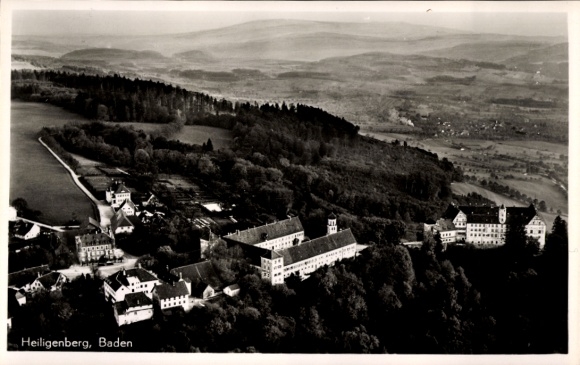 Postcard Eberbach am Neckar Odenwald Baden, aerial view of the Heiligenberg monastery, surrounding landscape