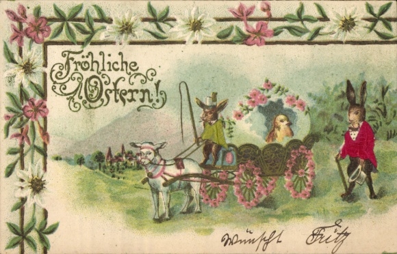 Glitter Embossed Postcard Congratulations Easter, Easter Bunny, Lamb Carriage, Chick