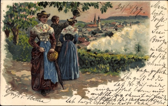 Kunstenaar Litho Berger, Fritz, Miesbach Opper-Beieren, bewoners in klederdracht, uitzicht op de plaats, avond