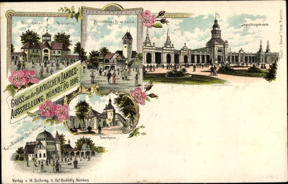 Chromo-Litho Nuremberg in Bavaria, Bavarian State Exhibition 1896, beer halls, wine house, industrial buildings