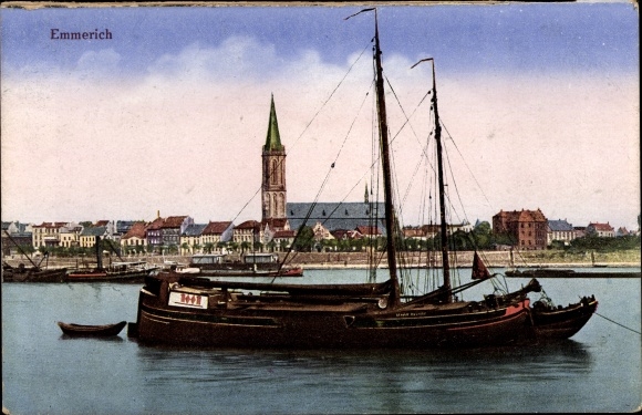 PC Emmerich am Niederrhein, sailing ship in the Rhine, view of the town, church