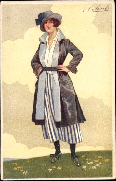 Artist PC Colombo, E., woman in a fashionable dress, coat, hat
