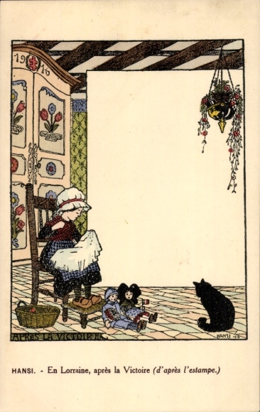 Artist PC Hansi, Jean Jacques Waltz, Lorraine, En Lorraine, après la Victoire, girl, cat