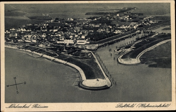 Postcard Nordseebad Büsum, view of the town with the harbor entrance, aerial photo