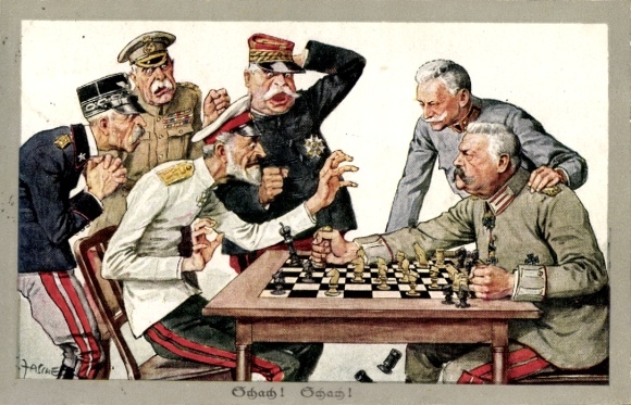 Künstler Ak Zasche, Schach, Hindenburg, Hötzendorf, Joffre, French, Cordona, Großfürst Romanow
