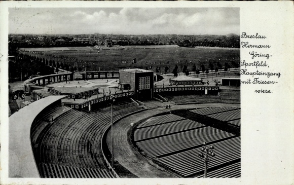 Postcard Wrocław Breslau Silesia, Hermann-Göring-Sportfeld, main entrance, Friesenwiese