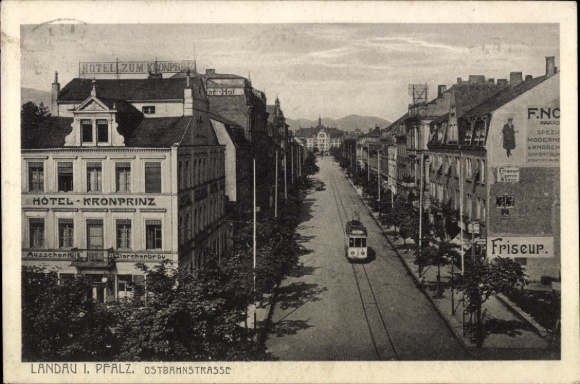 Postcard Landau in der Pfalz, city view of Landau, Hotel Kronprinz, tram, advertising