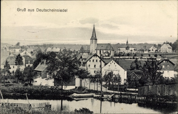 Ak Deutscheeinsiedel Deutschneudorf in het Ertsgebergte, panorama, kerk