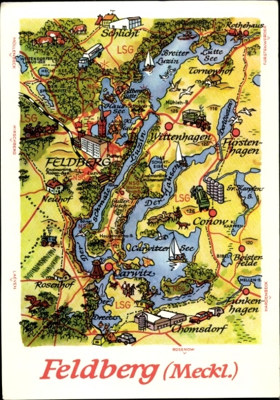 Feldberg map in Mecklenburg, map view of Feldberg, lake, surroundings, several places, landscape...