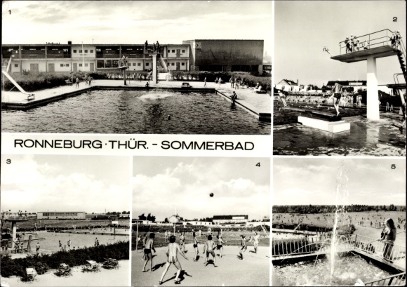 Postcard Ronneburg in Thuringia, summer pool, diving platform, volleyball court, outdoor pool