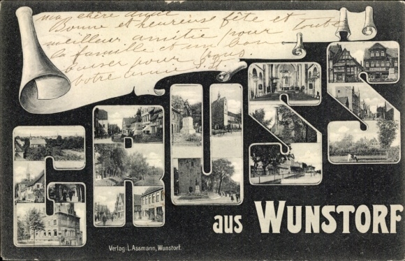 Letters Postcard Wunstorf in Lower Saxony, partial views, church, monument, street section