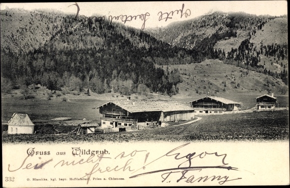 Postcard Wildgrub Kiefersfelden, Teilansicht des Ortes in den Bergen