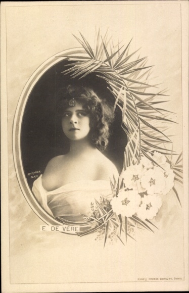 Passepartout Postcard E. De Vere, woman portrait, flowers