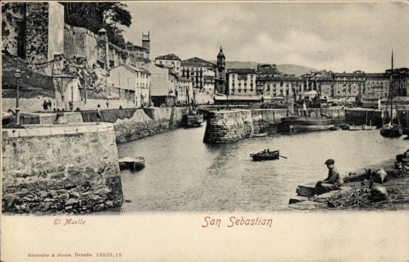 Postcard Donostia San Sebastian Basque Country, El Muelle, harbor view, Bömmler & Jonas, Dresden