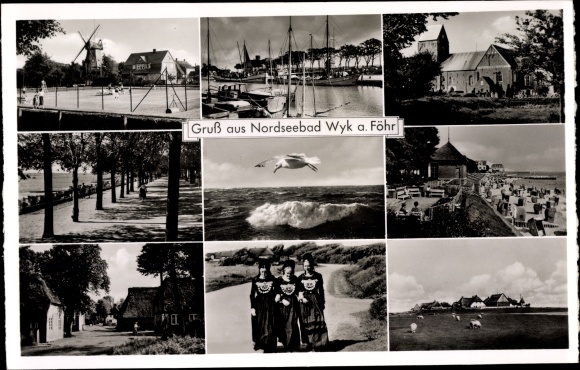 Postcard Wyk auf Föhr North Friesland, windmill, harbor, beach, costume, seagull in flight