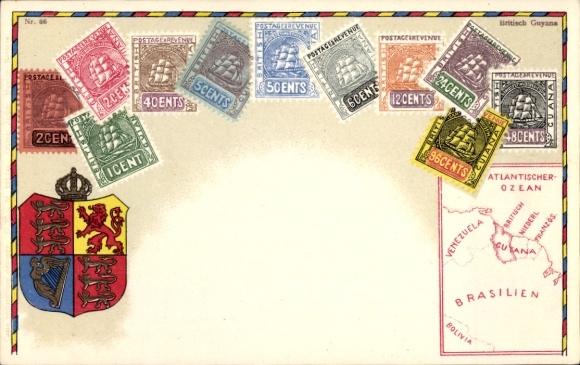 Stamps Coat of Arms Postcard British Guiana British Guyana, Map, Cents