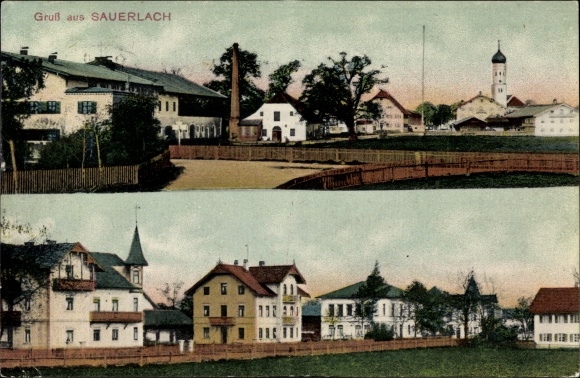Postcard Sauerlach in Upper Bavaria, view of the town, church, chimney, houses