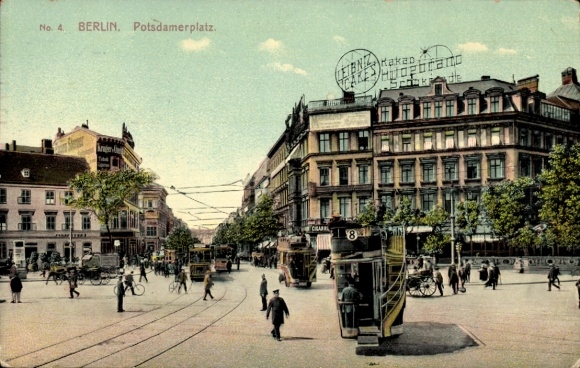 Postcard Berlin Tiergarten, Potsdamer Platz, trams