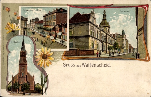 Litho Wattenscheid Bochum Ruhrgebiet, Gymnasium, Post, Rathaus, Ev. Kirche
