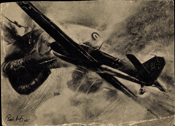 Ak Deutsche Kampfflugzeuge Messerschmitt Me 109 Jagdeinsitzer vernichten feindlichen Fesselballon