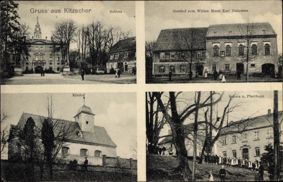 Postcard Kitzscher in Saxony, Gasthof zum Wilden Mann, school, rectory, castle, church