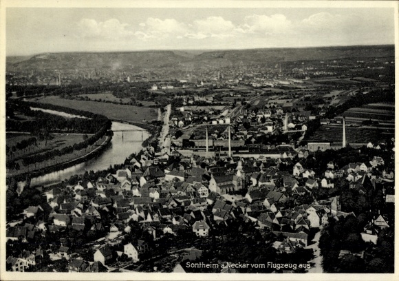 KP Sontheim Heilbronn am Neckar, widok na miasto z samolotu, Neckar, domy, krajobraz