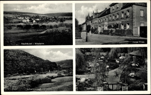 Postcard Neuhäusel in the Westerwald, general view, garden, Hotel Fries, swimming pool