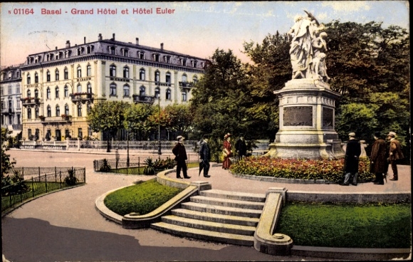 KP Basel Bâle City Szwajcaria, Grand Hôtel et Hôtel Euler, pomnik, park, ludzie