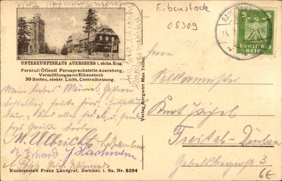 Postcard Blauenthal Eibenstock in the Ore Mountains, Panorama, Accommodation House Auersberg