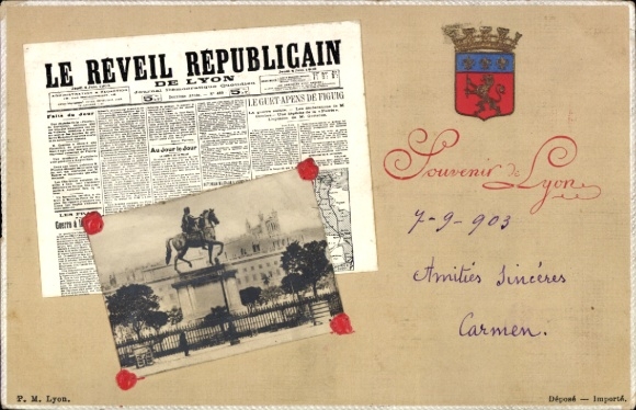 Newspaper PC Lyon Rhône, monument, coat of arms, Le Reveil Republican