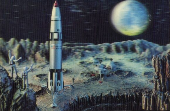 3 D Postcard moon landing, astronauts, rocket, USA