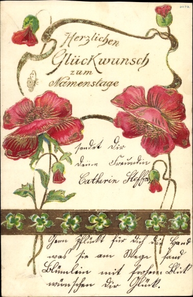 Emboss litho congratulations name day, poppies