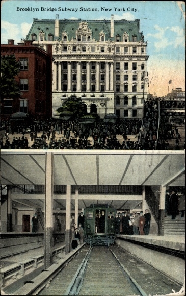 Postcard New York City USA, Brooklyn Bridge Subway Station, View of Building and View of Station