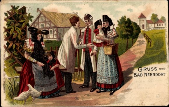 Chromo-Litho Bad Nenndorf an der Weser, family in traditional Schaumburg costumes, farm