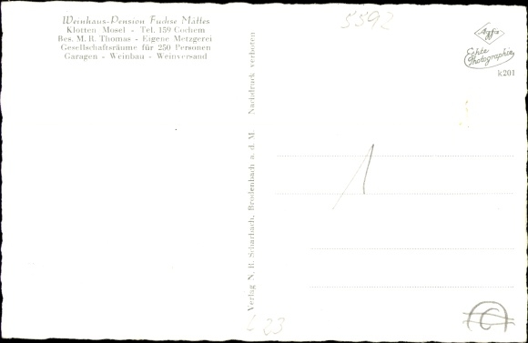 Postcard Klotten an der Mosel, Weinhaus Pension Fuchse Mättes, woman in costume, wine glass