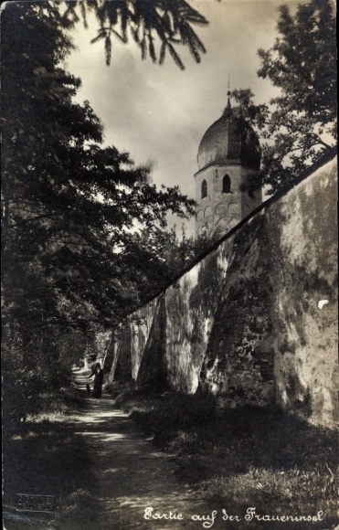 Postcard Frauenchiemsee Fraueninsel Chiemsee Upper Bavaria, landscape with wall and tower, walk, Sc