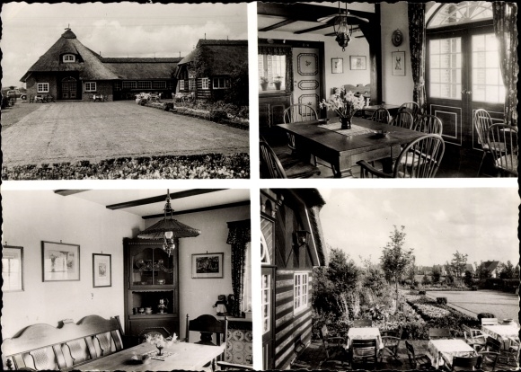 Postcard Wiesmoor in Ostfriesland, Gasthof Blauer Fasan, exterior view, guest rooms, terrace