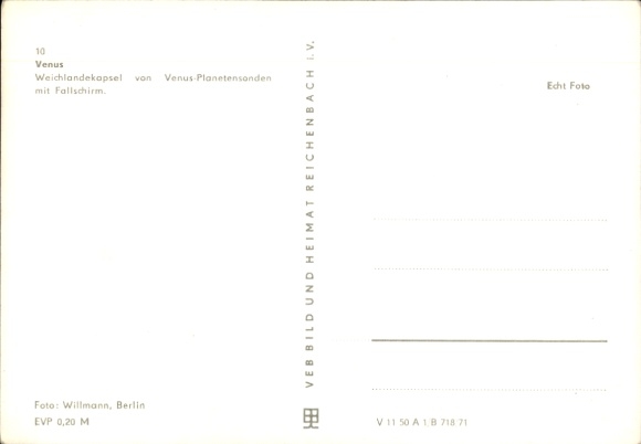 Postcard Venus, soft landing capsule of Venus planetary probes with parachute