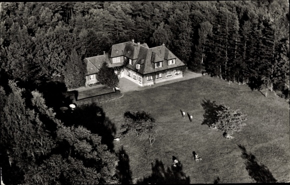 Postcard Schnakenbek in Schleswig Holstein, aerial photograph of the Sandkrughof, forest, meadow