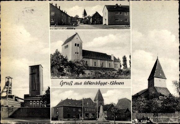 Postcard Altenbögge Bönen in Westphalia, village view, Königsborn colliery, church, monument