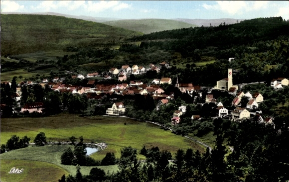Postcard Bad Bocklet in Lower Franconia, panoramic view of the village, nature, hilly landscape, power tower,...