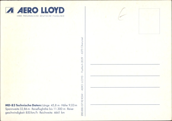 Postcard German passenger aircraft, Aero Lloyd, McDonnell Douglas MD 83