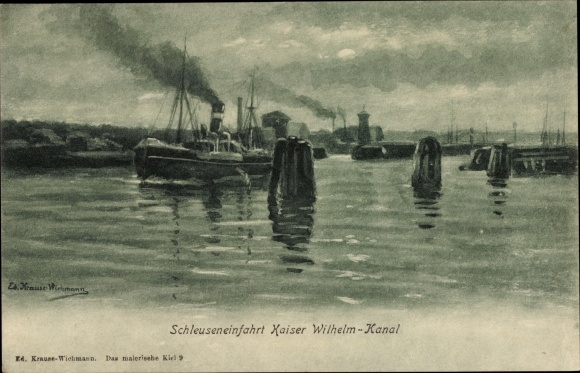 Artist PC Krause Wichmann, Ed., Kaiser Wilhelm Canal, lock entrance, steamer