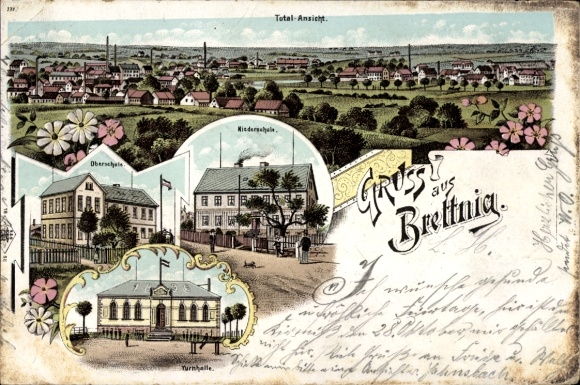 Chromo-Litho Bretnig Hauswalde Großröhrsdorf in Saxony, general view, gymnasium
