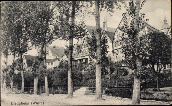 Ansichtkaart Bietigheim in Württemberg, gedeeltelijk zicht, vakwerkhuizen