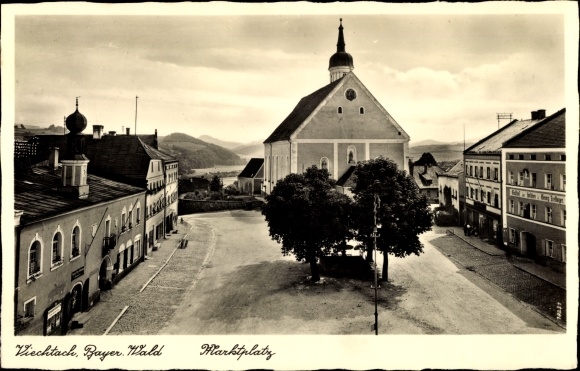 Postcard Viechtach, market square, inn z. Deer, business