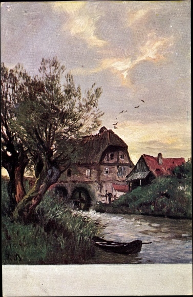 Künstler Ak Flusspartie mit Wassermühle, Ruderboot